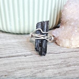 Raw Black Tourmaline Crystal Ring, Wire Wrapped Gemstone Jewelry, Size 6